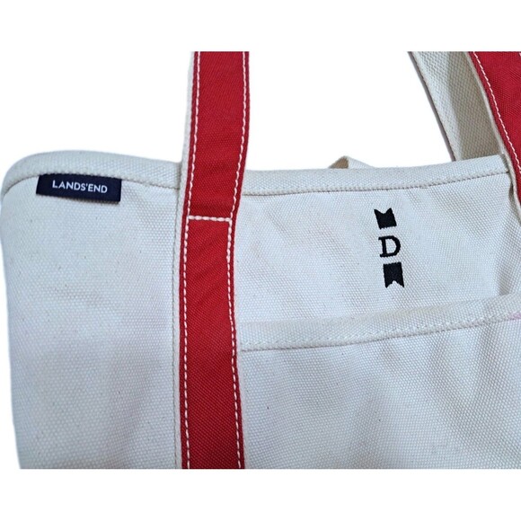 Lands End Canvas Boat Tote Beach Travel Bag Red D Logo Monogram - Picture 2 of 10